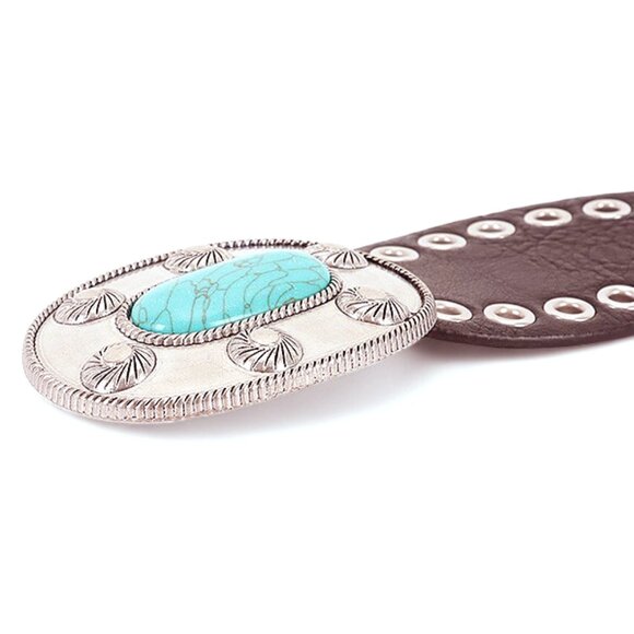 BNWT Coffee Faux Leather Statement Turquoise Oval Buckle Western Belt Boho Belt - Picture 6 of 6